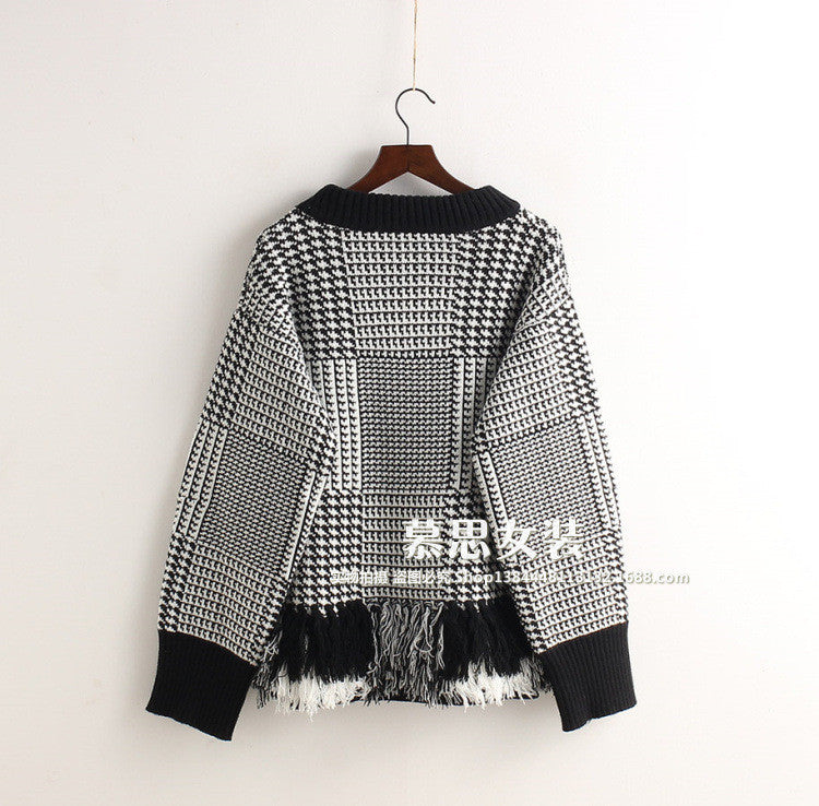 Flaid Tassels Pullover Knit Scoop Sweater