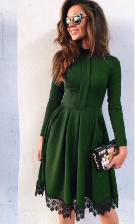 Scoop Long Sleeves Lace Patchwork Flared Pleated Knee-length Dress