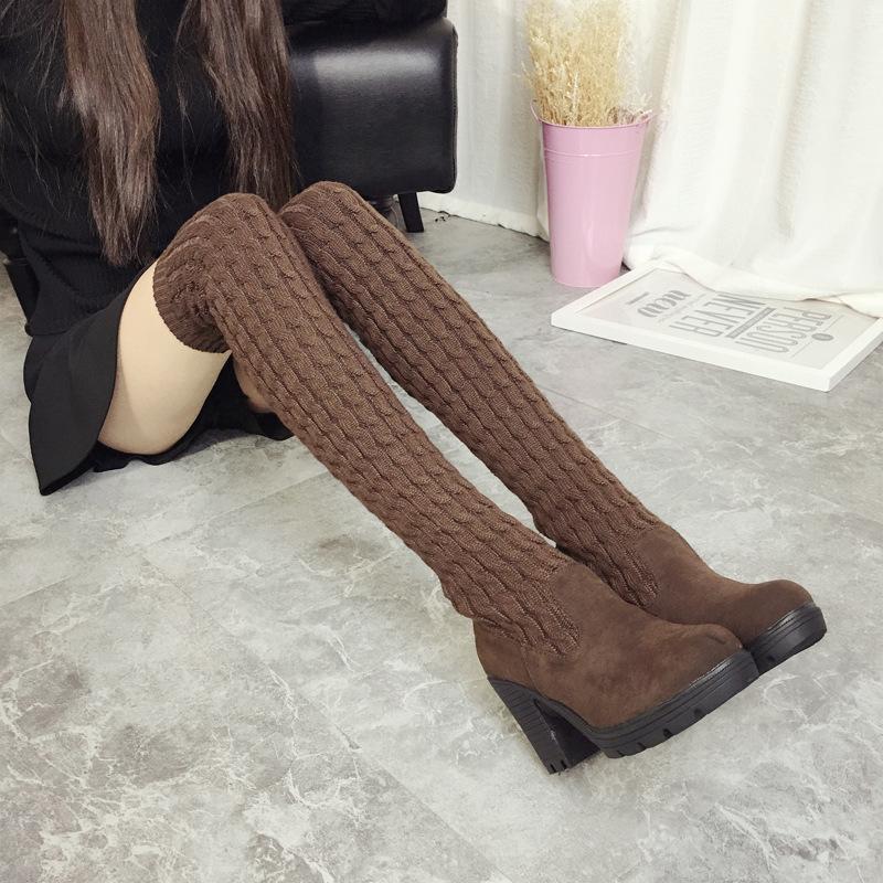 Knitwear Round Toe Low Chunky Heels Over-knee Long Boots