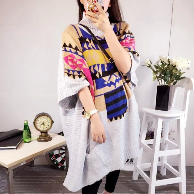 High-neck Batwing Color Contrast Pockets Short Sweater 