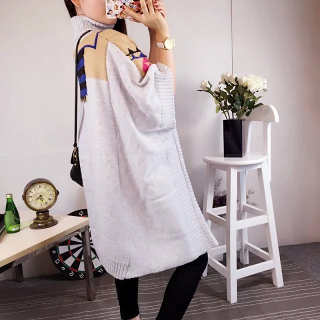 High-neck Batwing Color Contrast Pockets Short Sweater 