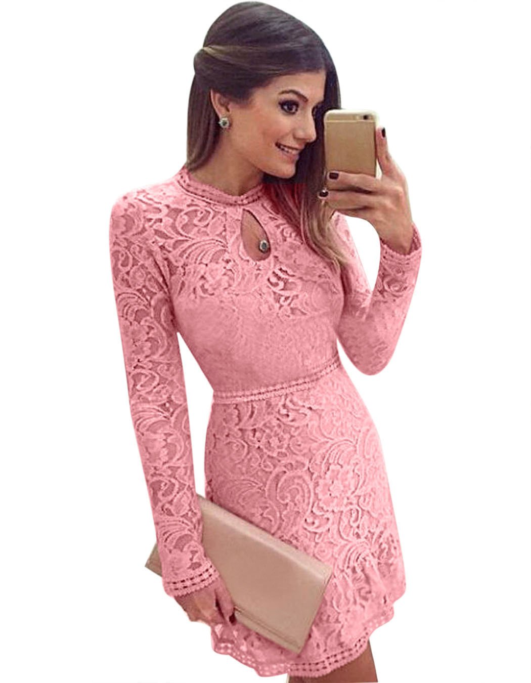 Lace Hollow Out Long Sleeves Mini Party Dress - Meet Yours Fashion - 5