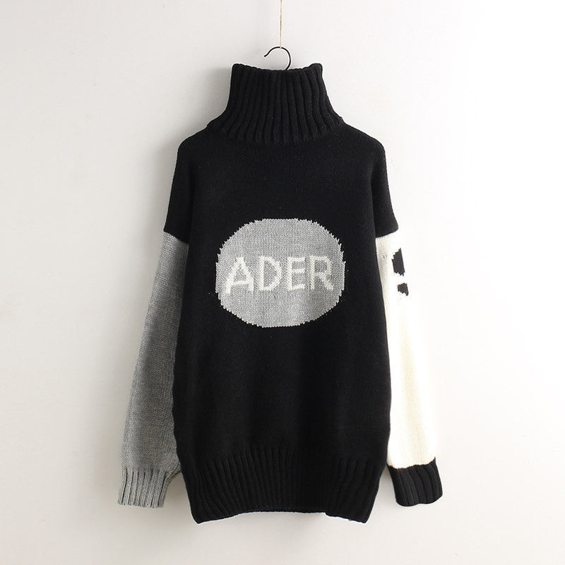 High Neck Contrast Color Pullover Knit Long Sweater