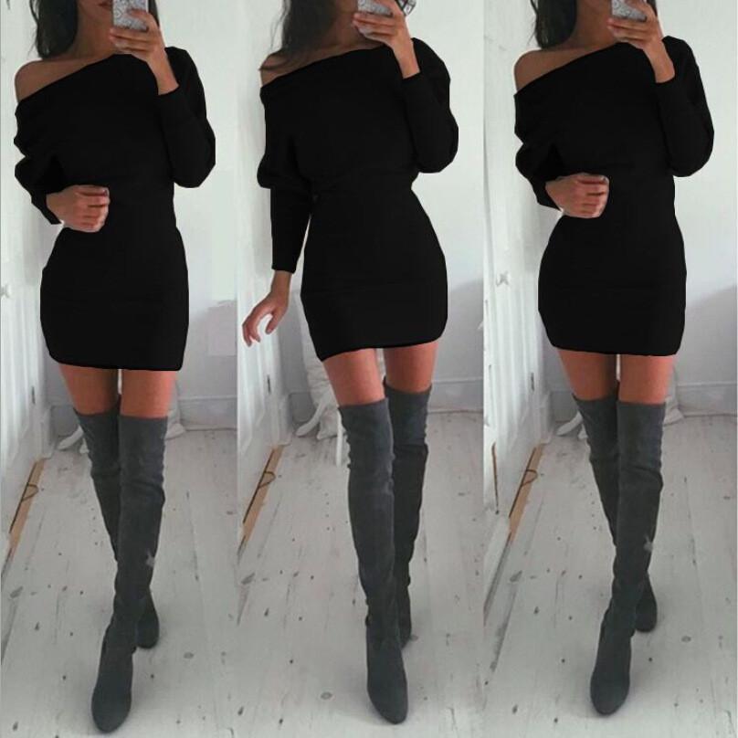 Bodycon Boat Neck Long Sleeves Short Dress - Meet Yours Fashion - 2