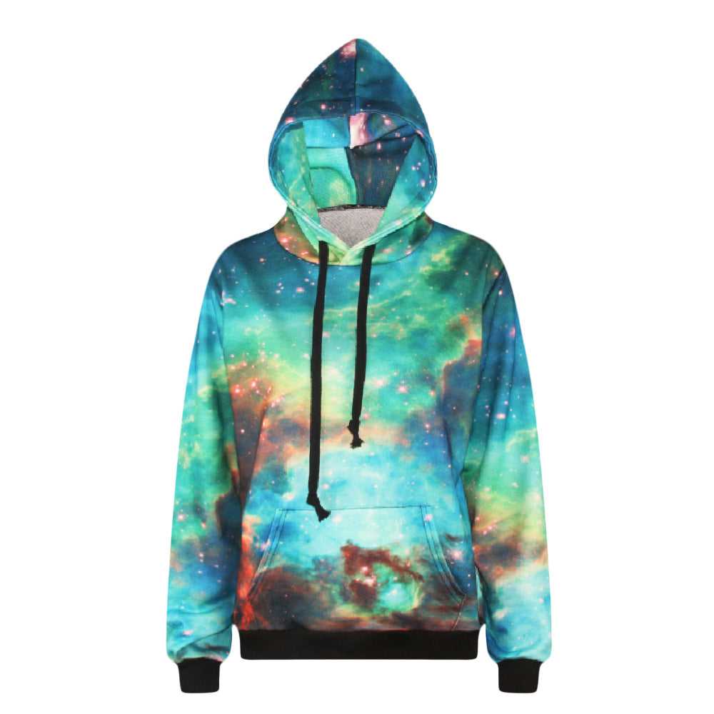 Galaxy Print Pocket Drawstring Slim Hoodie