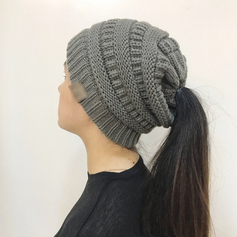 Women's Winter Outdoor Warm Wool Hat Empty Top Horsetail Knitted Hat