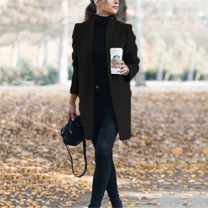 Plain Stand Up Collar Long Blazer