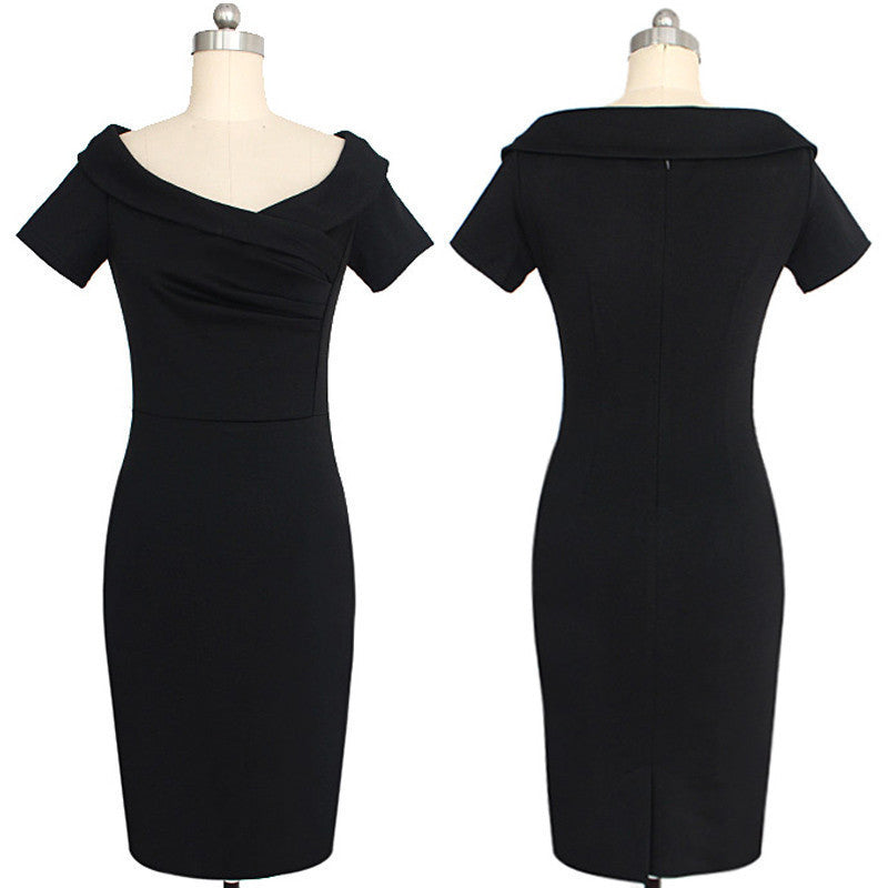 Off Shoulder Solid Bodycon Mid-Calf Dress