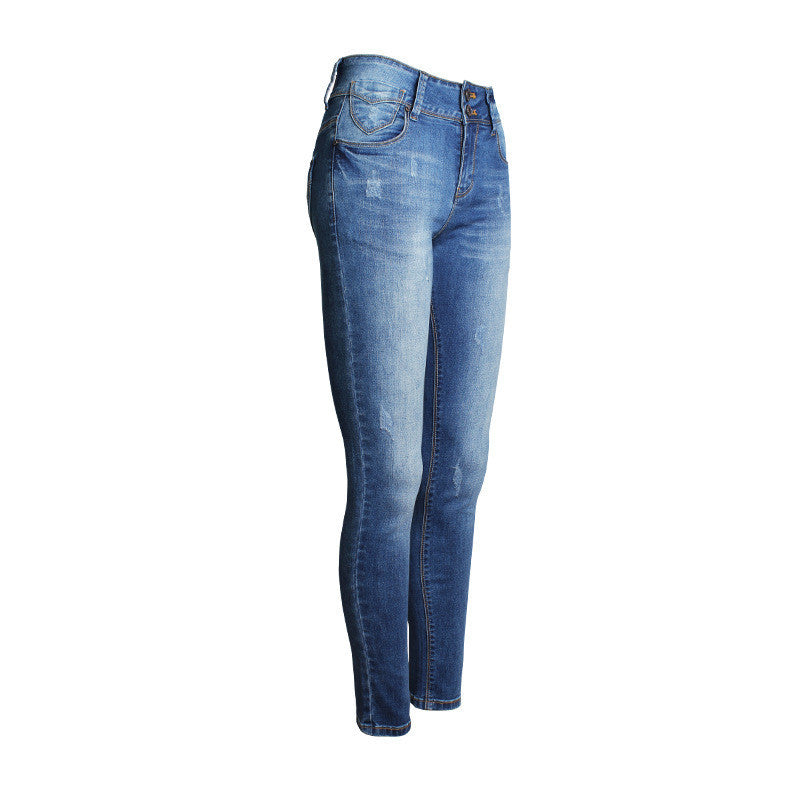 Classic Blue Scratchy Buttons Pencil Denim Pants