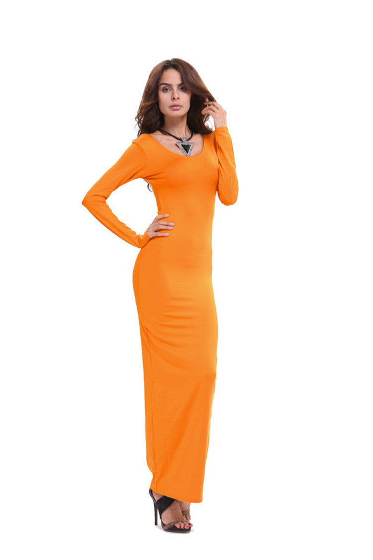Elegant Pure Color Long Sleeve Scoop Bodycon Long Dress