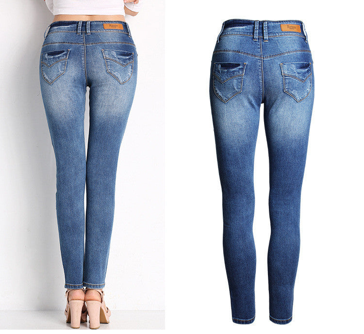 Classic Blue Scratchy Buttons Pencil Denim Pants