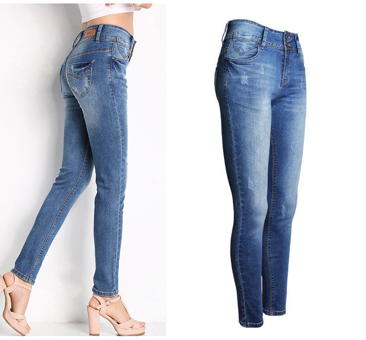 Classic Blue Scratchy Buttons Pencil Denim Pants
