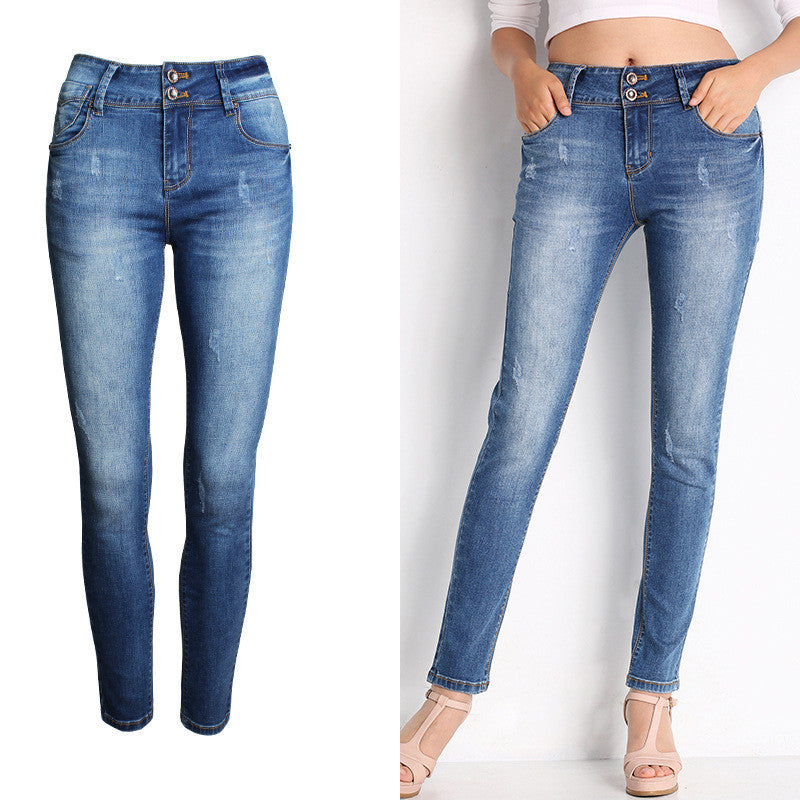 Classic Blue Scratchy Buttons Pencil Denim Pants