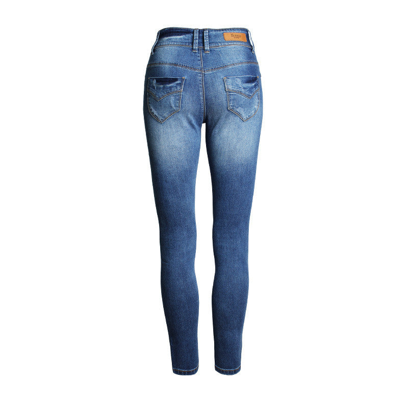 Classic Blue Scratchy Buttons Pencil Denim Pants