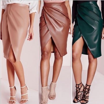 PU Patchwork Split Bodycon Irregular Long Skirt