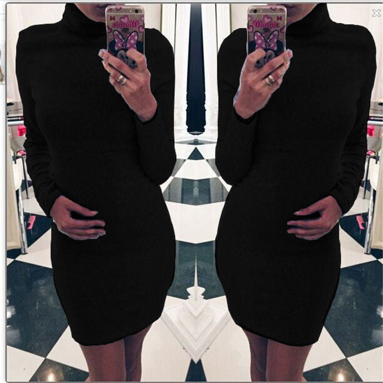 High Neck Slim Warm Long Sleeves Short Dress