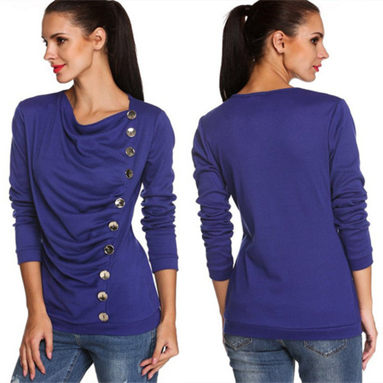 Scoop Long Sleeves Button Sheath Pure Color Blouse