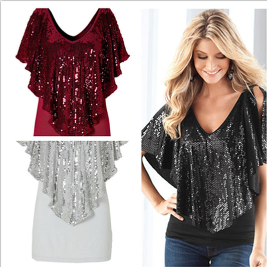 Shawl Sequins Splicing Sexy Stretch Blouse