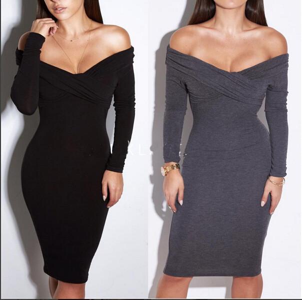Sexy Wool Off Shoulder Slim Knee-length Dress