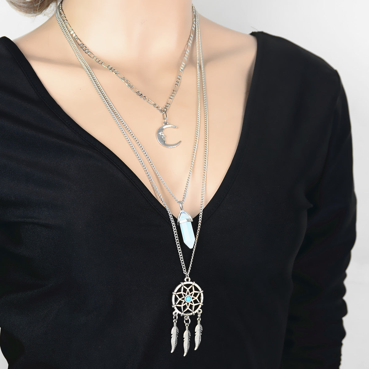 Dreamcatcher Crystal Moon Long Sweater Chain Necklace