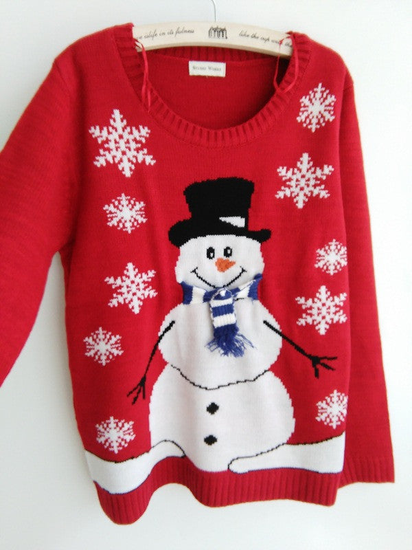 Red Christmas Snowman Snowflake Scoop Long Sleeve Sweater