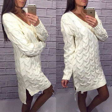 Fashion Dip Hem Braid Knitting Long Sweater