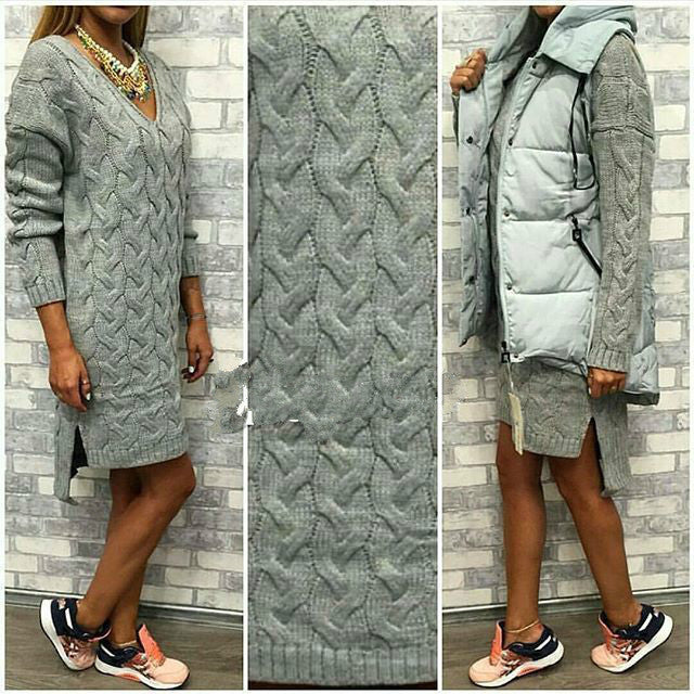 Fashion Dip Hem Braid Knitting Long Sweater