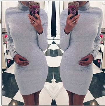 High Neck Slim Warm Long Sleeves Short Dress
