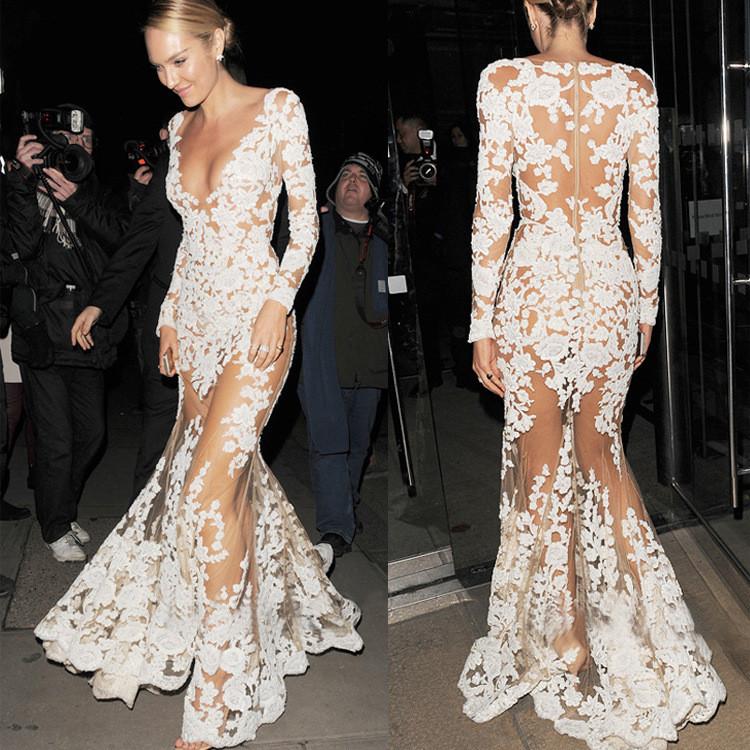 Pure Color Deep V-neck Transparent Lace Mermaid Long Dress