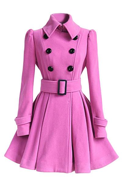 Flared Hem Turn-down Collar Slim Double Button Wool Coat With Belt