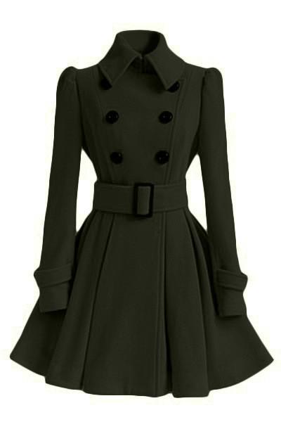 Flared Hem Turn-down Collar Slim Double Button Wool Coat With Belt