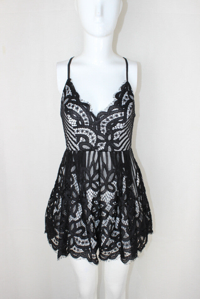 Sexy Spaghetti Strap Backless Short Lace Jumpsuit
