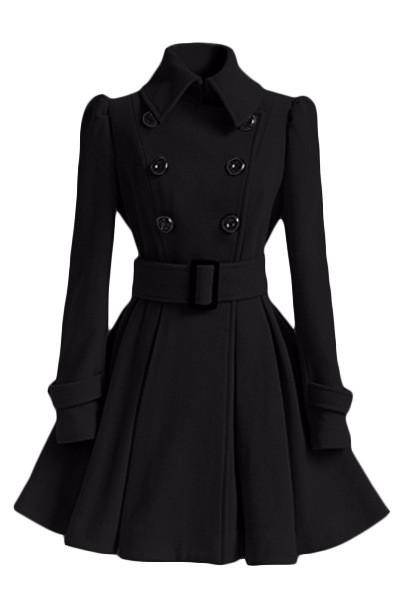 Free Shipping Clearence Flared Hem Turn-down Collar Slim Double Button Wool Coat With Belt on