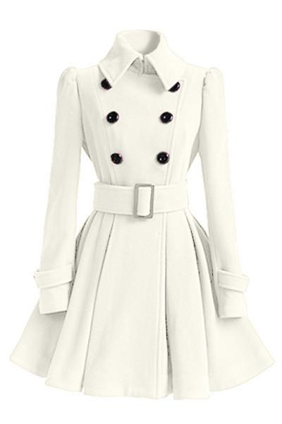 Flared Hem Turn-down Collar Slim Double Button Wool Coat With Belt