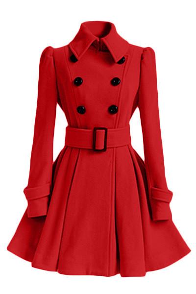 Flared Hem Turn-down Collar Slim Double Button Wool Coat With Belt