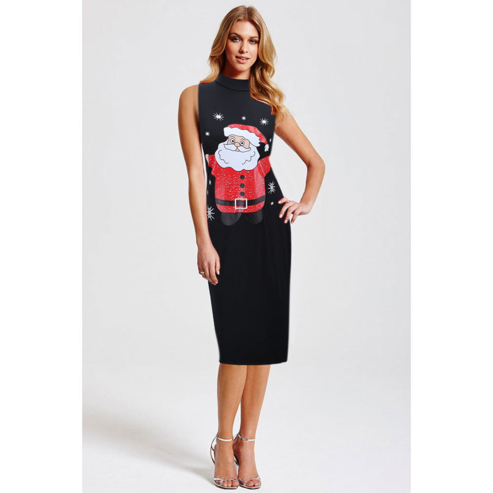 Sexy Print Christmas Bodycon Sleeveless Short Dress