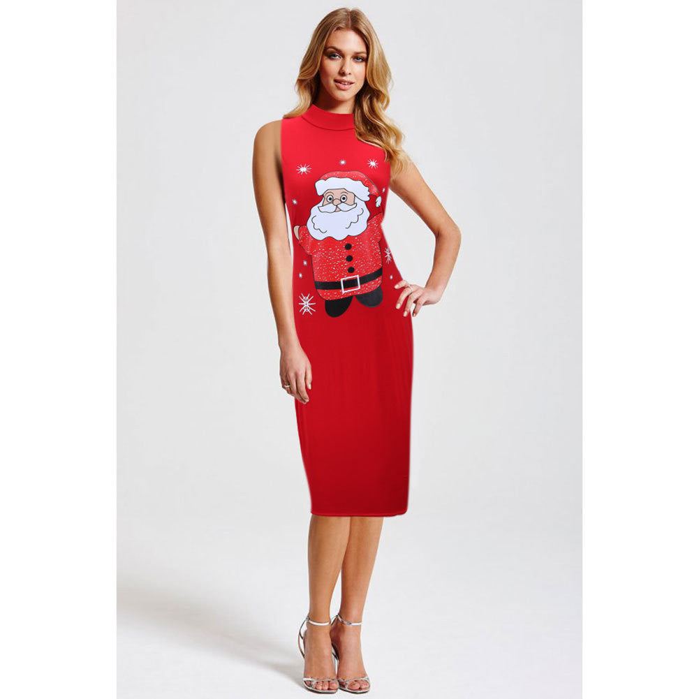 Sexy Print Christmas Bodycon Sleeveless Short Dress