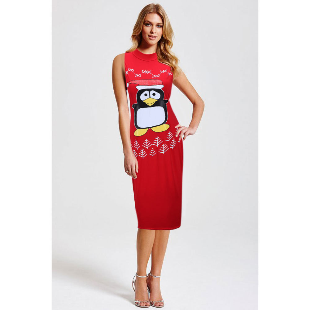 Sexy Print Christmas Bodycon Sleeveless Short Dress