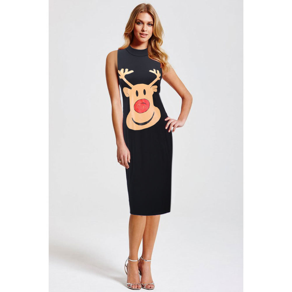 Sexy Print Christmas Bodycon Sleeveless Short Dress