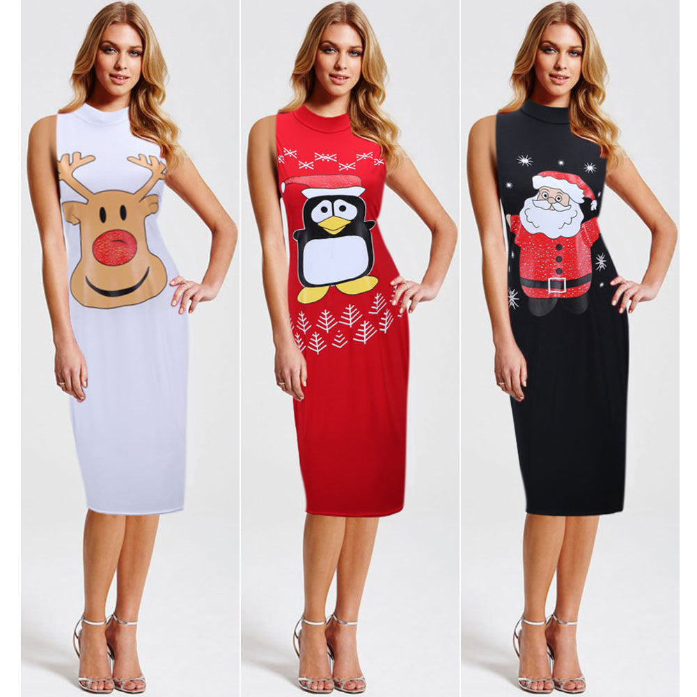 Sexy Print Christmas Bodycon Sleeveless Short Dress