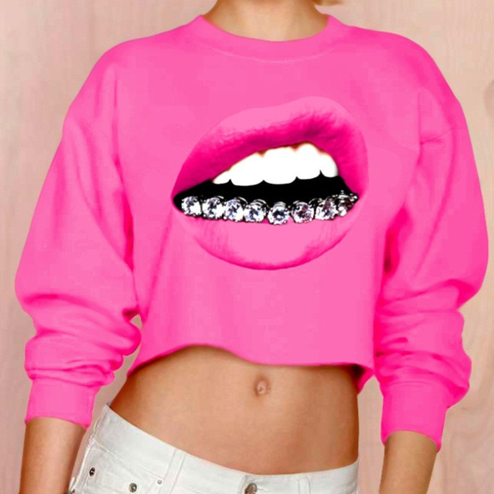 Casual 3D Mouse Tooth Print Long Sleeves Crop Top