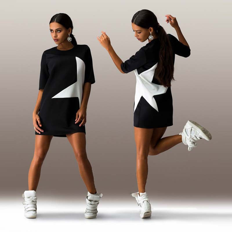 Scoop Print 1/2 Sleeve Loose Short Dress
