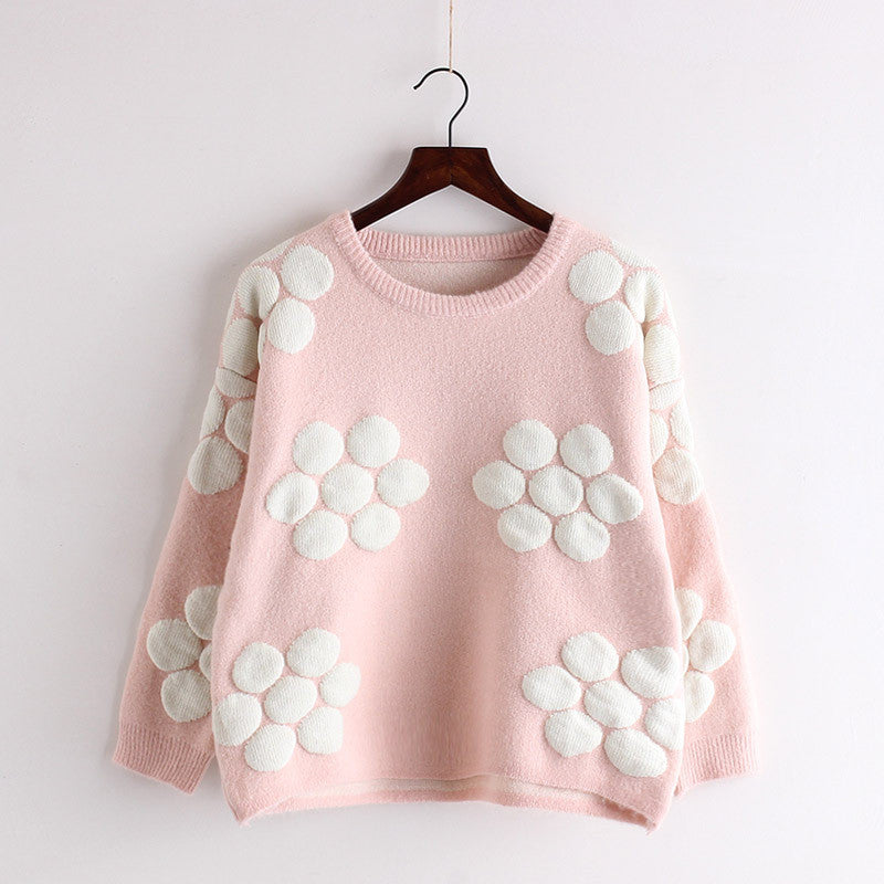 Cute Flower Pullover Loose Contrast Color Scoop Sweater 