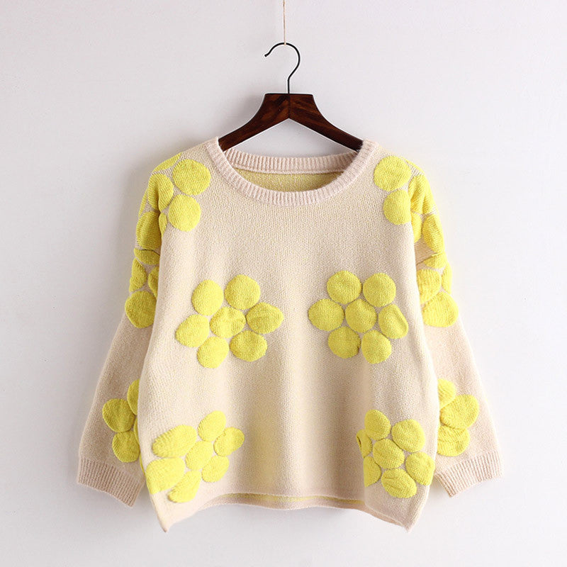 Cute Flower Pullover Loose Contrast Color Scoop Sweater 