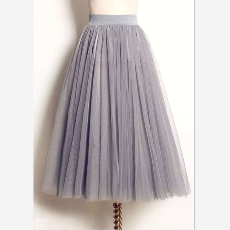 High Waist Pure Color Mesh Pleated Long Skirt