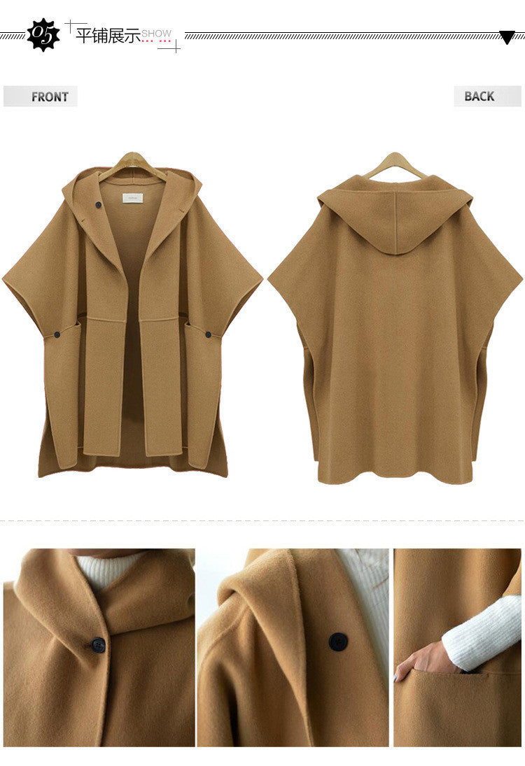 Hooded Lapel Bat-wing Sleeves Mid-length Woolen Coat
