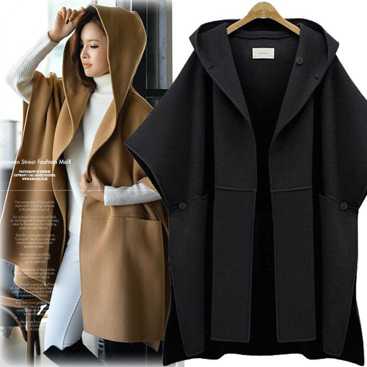 Hooded Lapel Bat-wing Sleeves Mid-length Woolen Coat