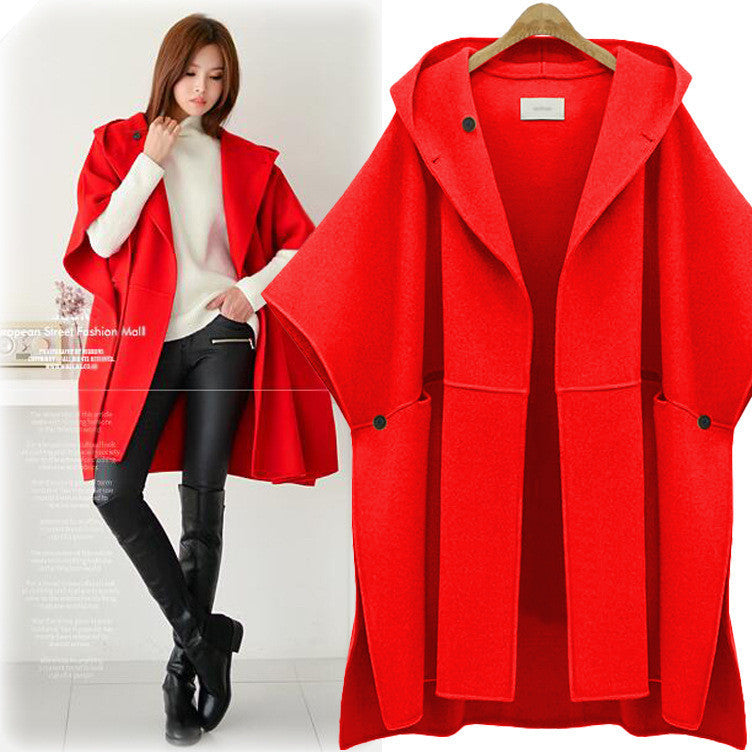 Hooded Lapel Bat-wing Sleeves Mid-length Woolen Coat