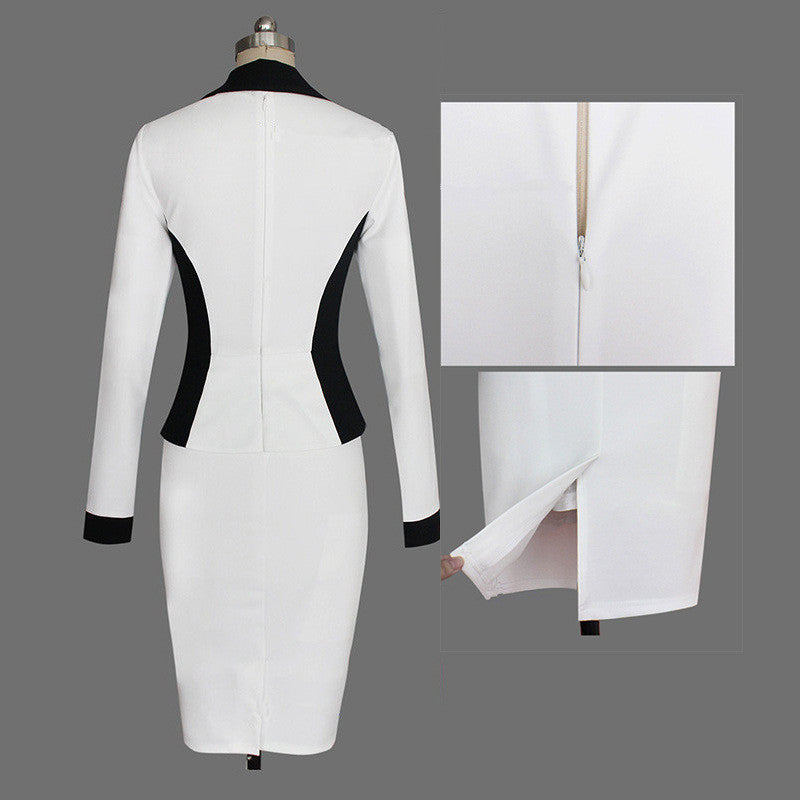 Turn-down Collar Long Sleeves Pencil Patchwork Knee-length Dress