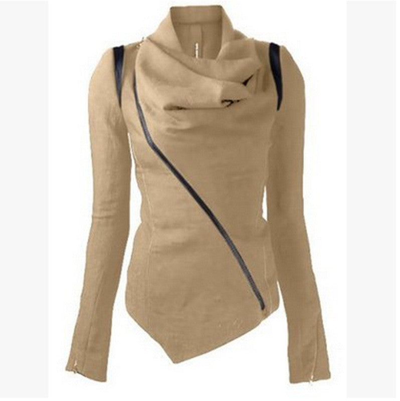 Oblique Zipper Shawl Collar Solid Short Slim Coat - May Your Fashion - 6